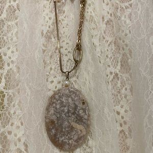 Long beautiful emblem necklace w pearl cluster